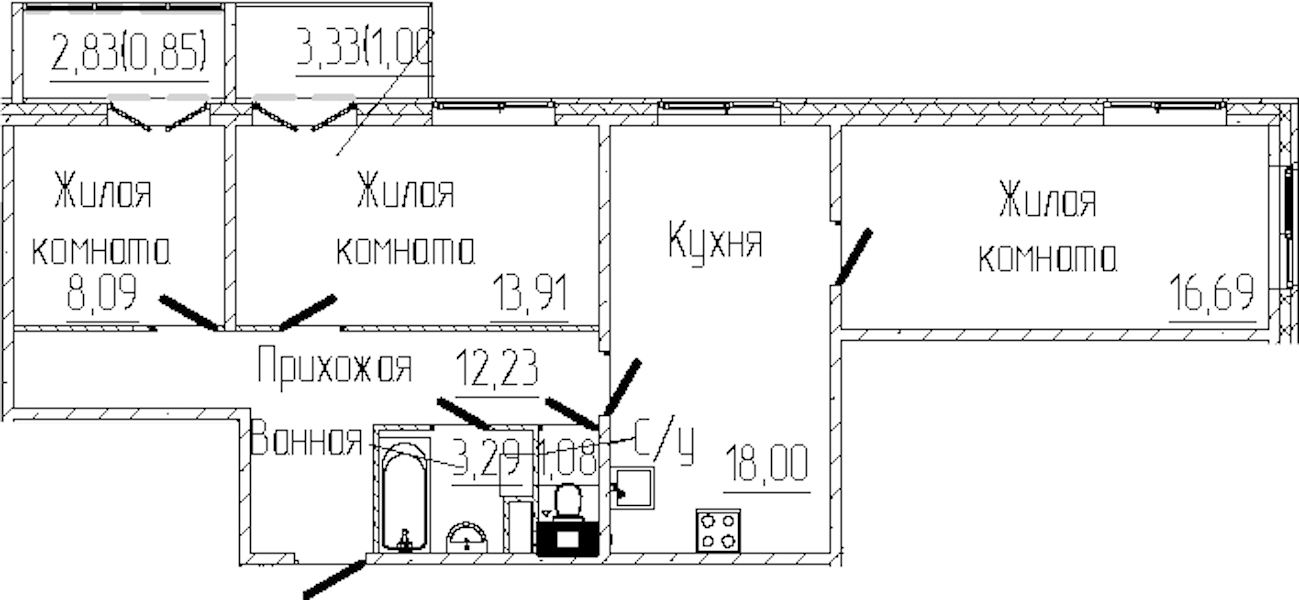 3-комнатная квартира 75.14 м², 6/8 эт., ЖК «SERTOLOVO PARK»
